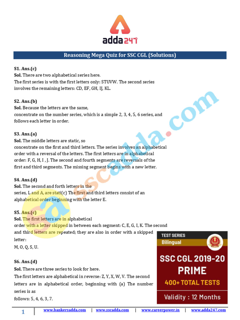 Reasoning Mock Test 3 Solutions | PDF