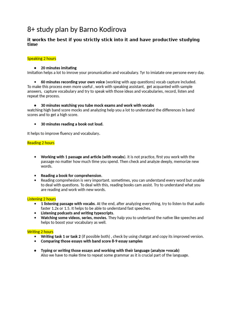 8+ Study Plan (8 Hours) | PDF