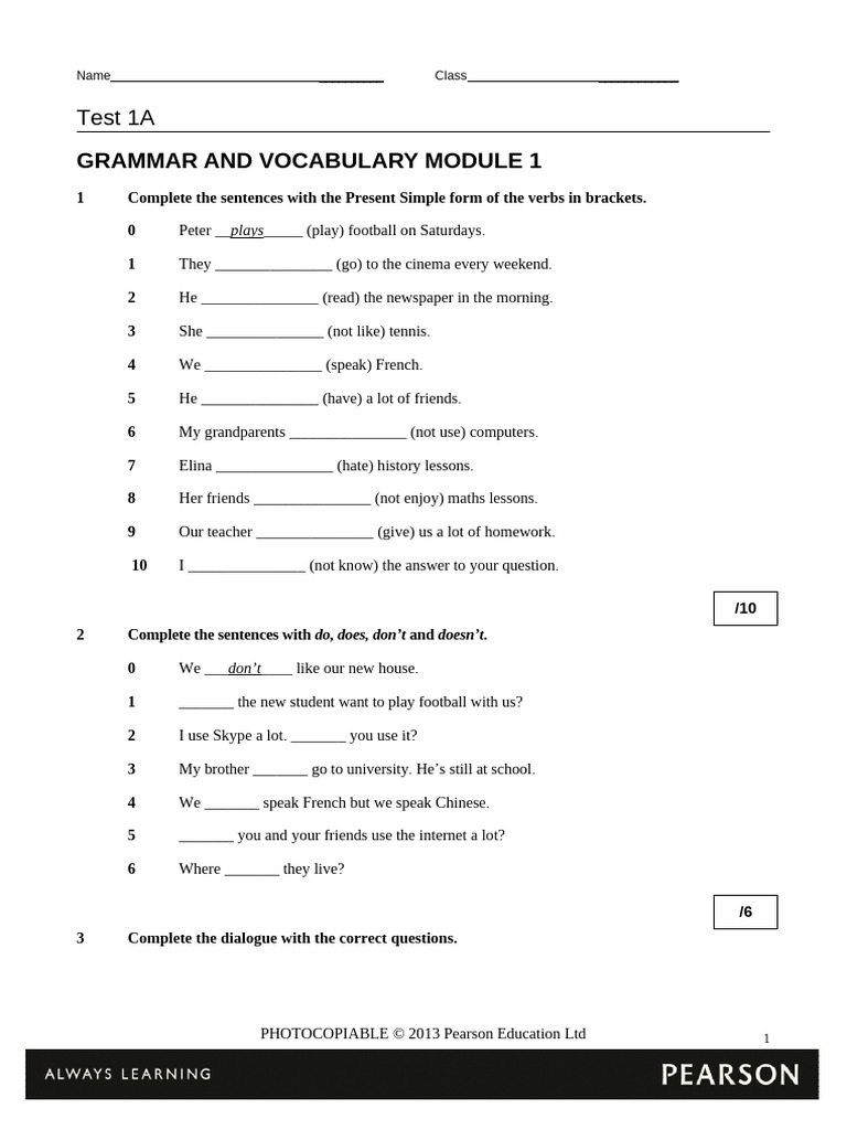 Grammar and Vocabulary Test 1A | PDF | Linguistics | Languages