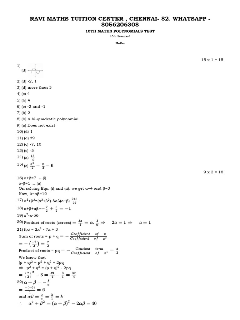 10th Grade Maths Polynomials Test | PDF | Zero Of A Function | Polynomial