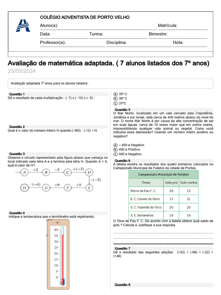 Avaliação de Matemática 7º Ano Adaptada | PDF