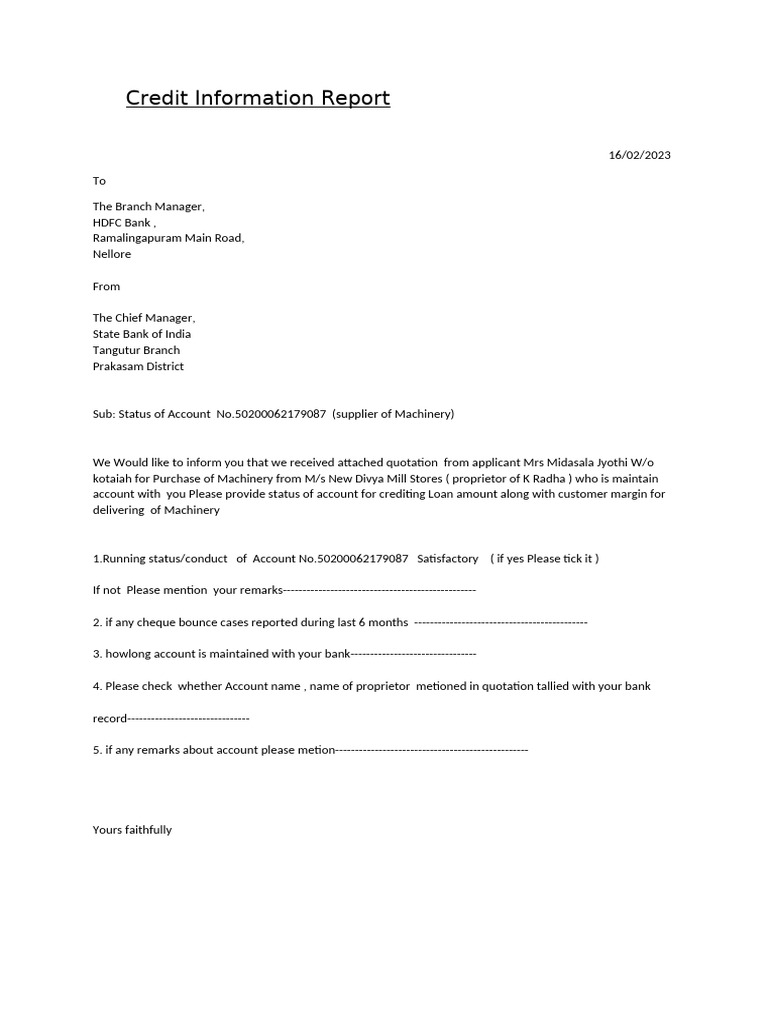 Credit Status Request for Machinery Loan | PDF