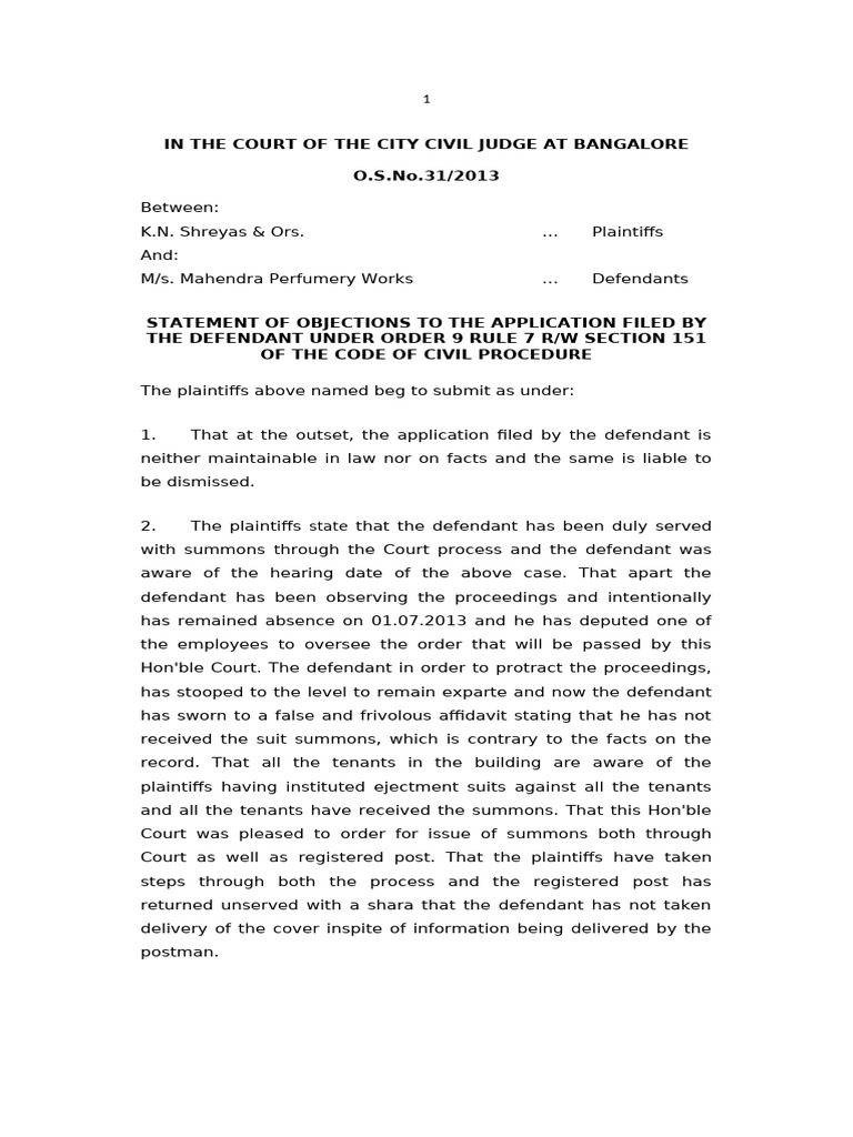 Objections to Defendant's Application in Court | PDF | Lawsuit ...