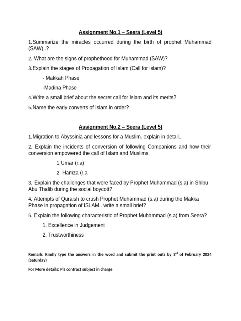 Seera Assignment: Prophet Muhammad's Life | PDF