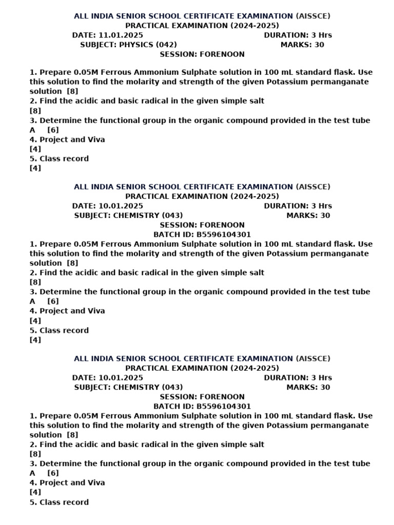 AISSCE 2024-2025 Practical Exams Guide | PDF | Salt (Chemistry) | Atoms