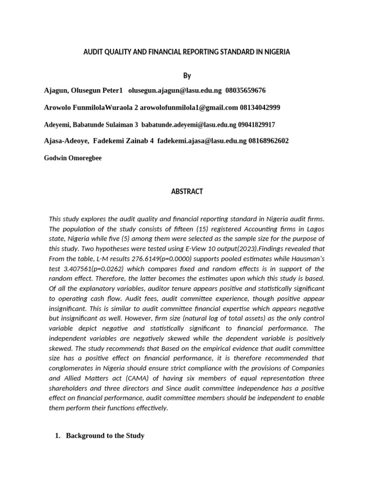 Audit Quality and Reporting Standards in Nigeria | PDF | Audit | Statistics
