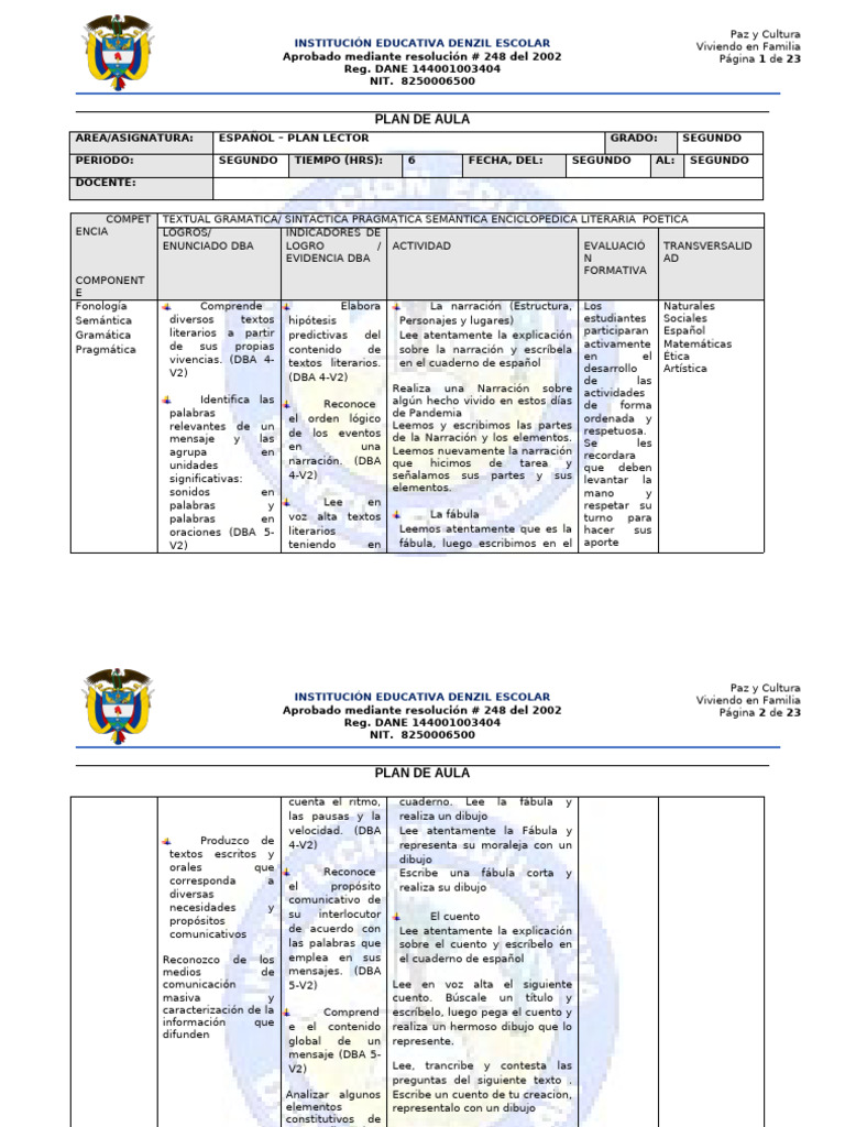 Plan de Aula para Segundo Grado | PDF | Sustracción | Paisaje