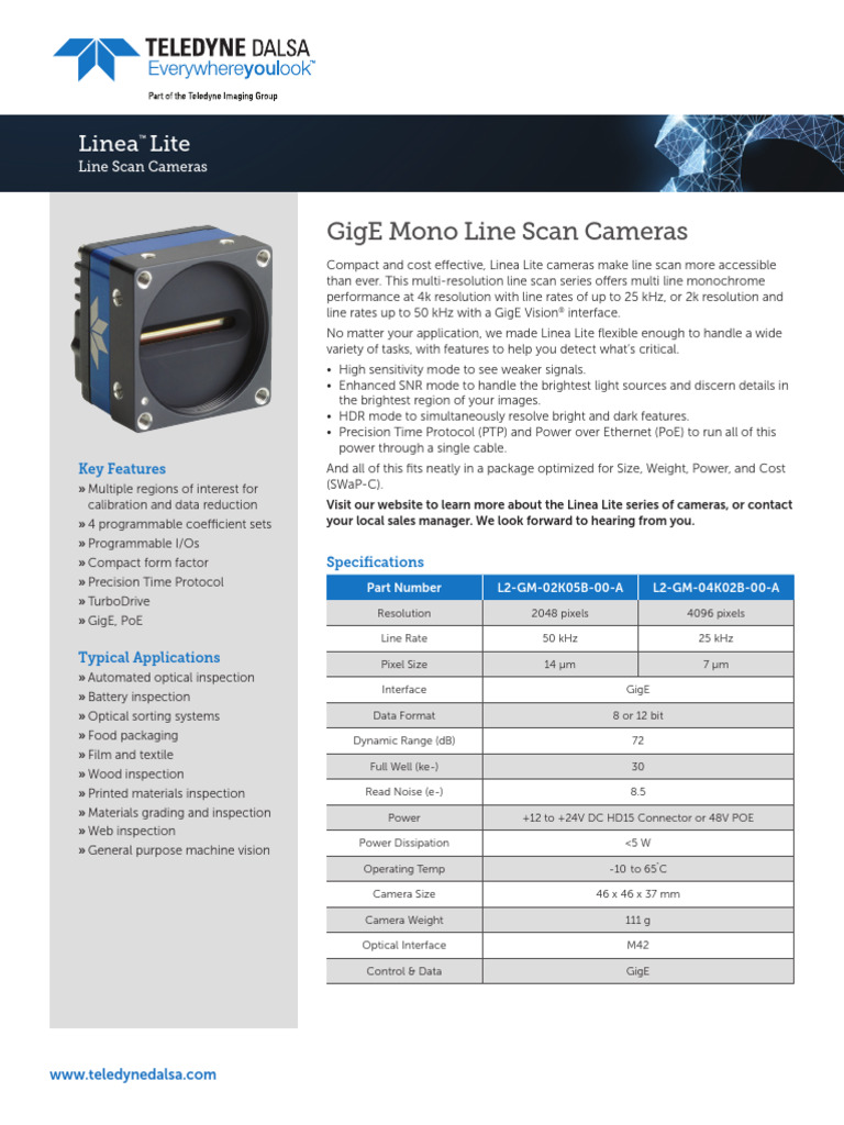 Linea Lite 4K Line Scan Cameras | PDF | Image Resolution | Camera
