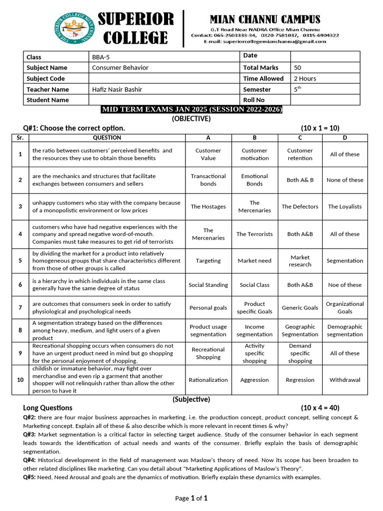 BBA 5th Sem Consumer Behavior Midterm Exam | PDF | Market Segmentation ...