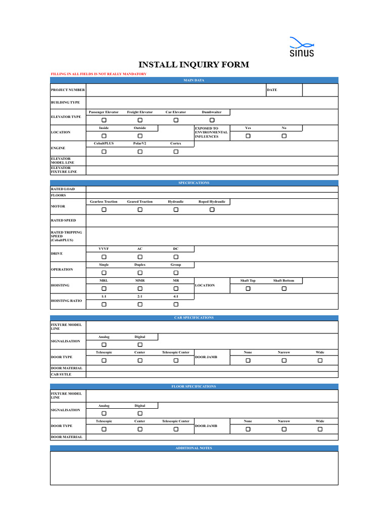 Sinus AG Lift Install Inquiry Form | PDF