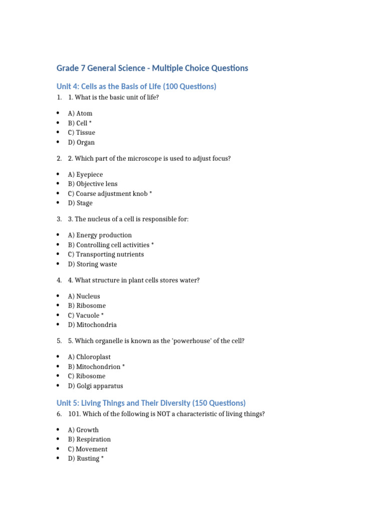 Grade 7 Science MCQs: Key Concepts | PDF