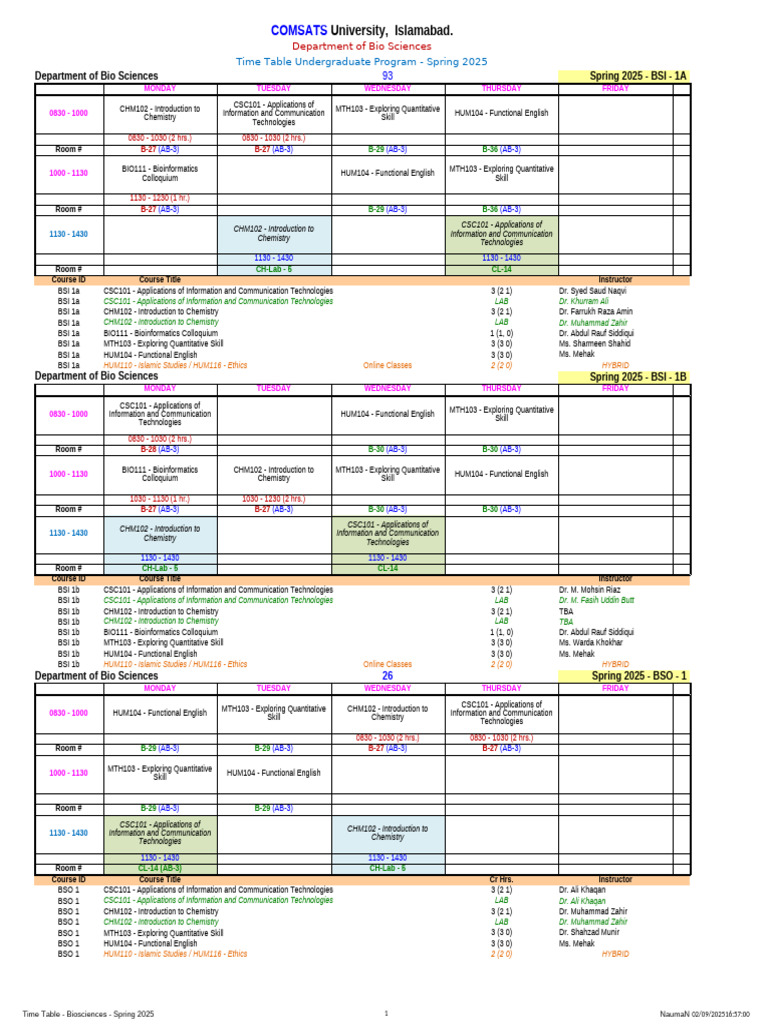 Biosciences Spring 2025 Timetable | PDF | Zoology | Biology