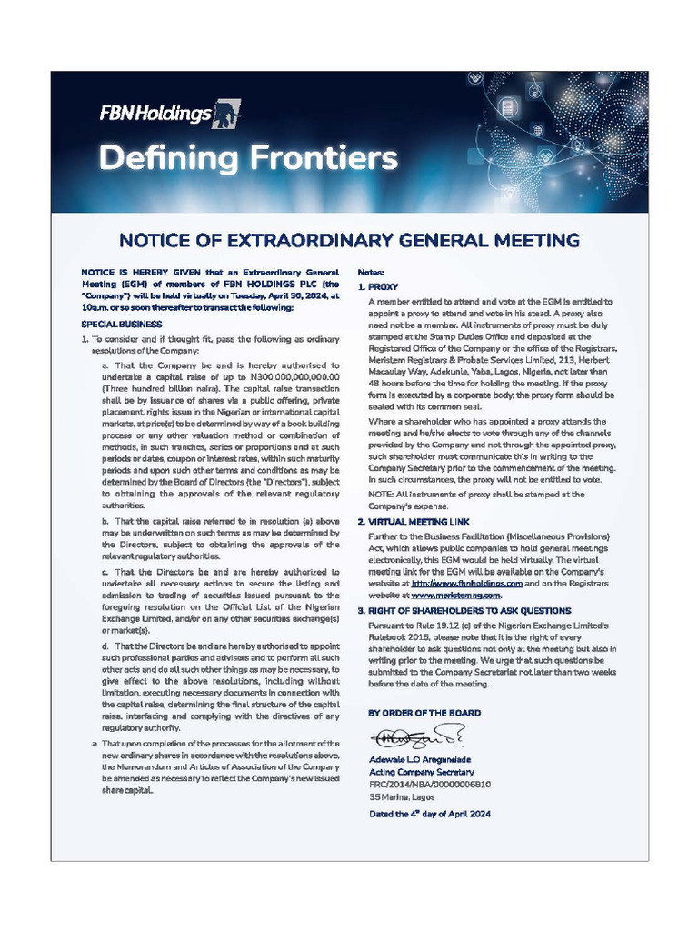 FBN Holdings Plc-Notices of Extra-Ordinary General Meeting (Egm ...