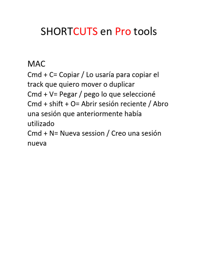Atajos de teclado en Pro Tools | PDF