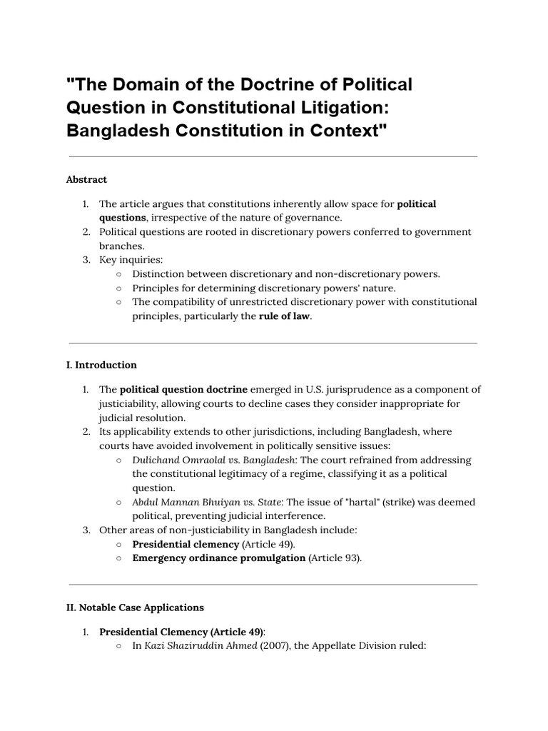 Political Question Doctrine in Bangladesh | PDF | Precedent | Constitution