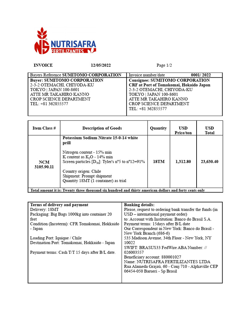 Invoice 01 - 2022 SUMITOMO | PDF | Banking