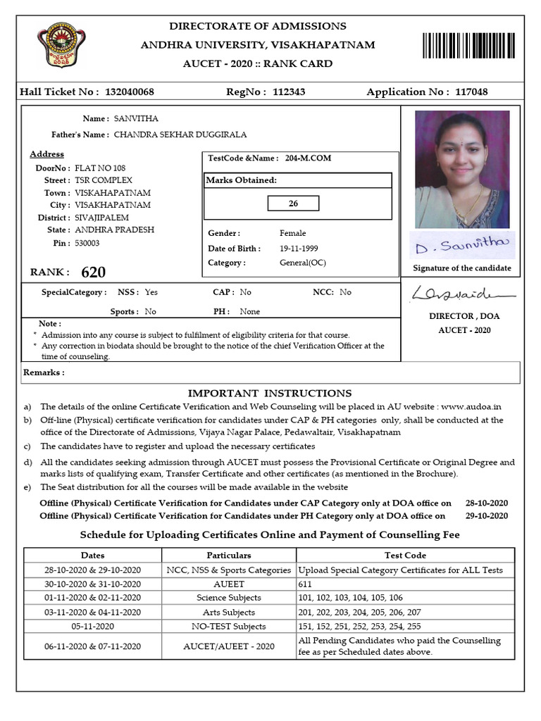AUCET 2020 Rank Card Details | PDF