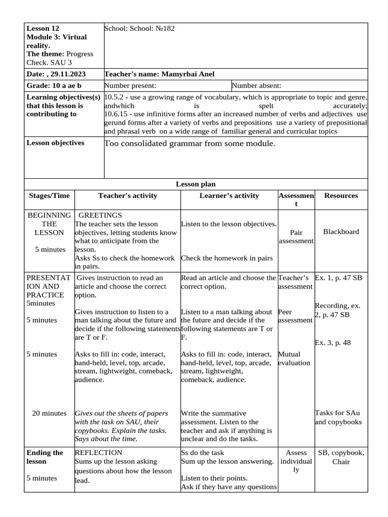 MAterm 2 Lesson Plan 12 LJ The 10th Grade-A Ae B-1 | PDF | Lesson Plan ...