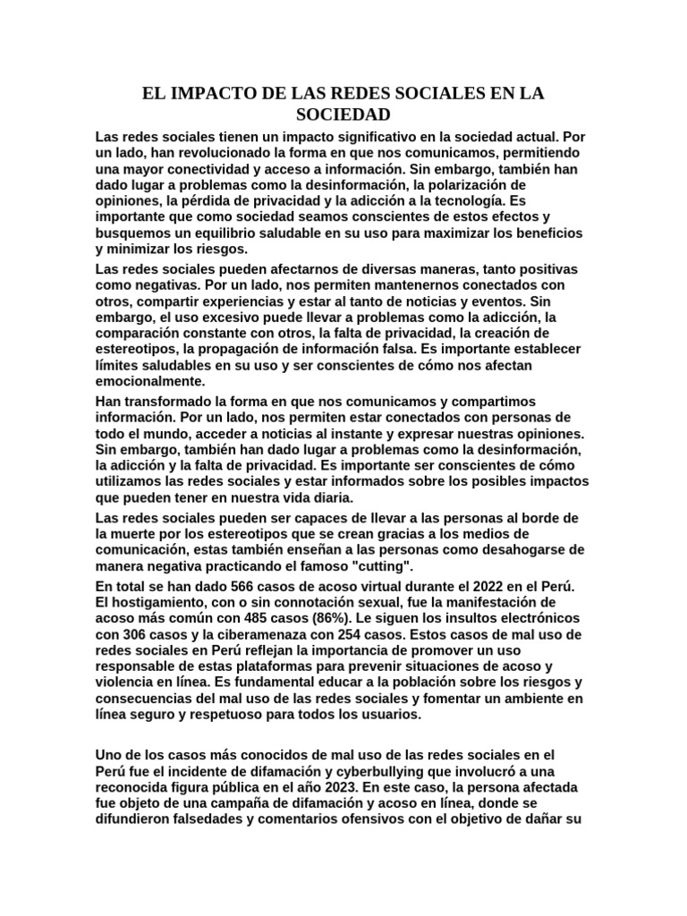 Efectos de las Redes Sociales en la Sociedad | PDF | Acoso cibernético ...