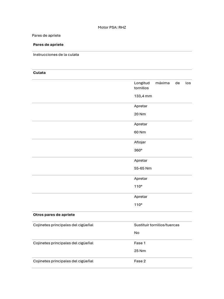 Pares de apriete Motor PSA RHZ | PDF | Inyección de combustible ...