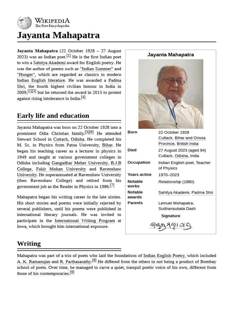 Jayanta Mahapatra: Life and Works | PDF | Poetry