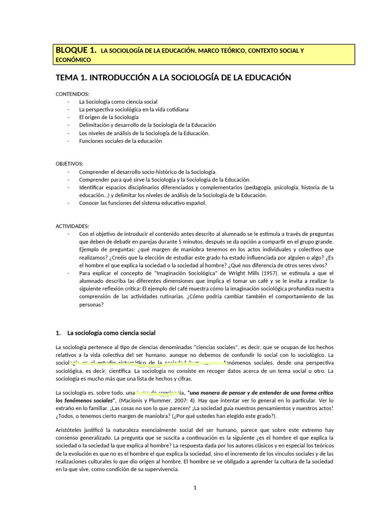 T1 Introduccion a La Sociología. Apuntes | PDF | Sociología | Sociedad