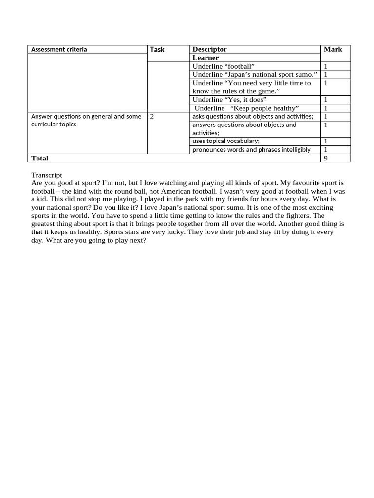 Sports Discussion and Assessment Criteria | PDF