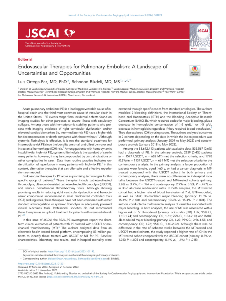Endovascular Therapies For Pulmonary Embolism A L | PDF ...