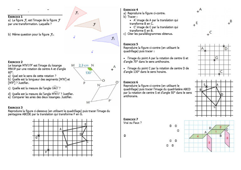 Exercices Translation et rotation 3 | PDF | Angle | Symétrie