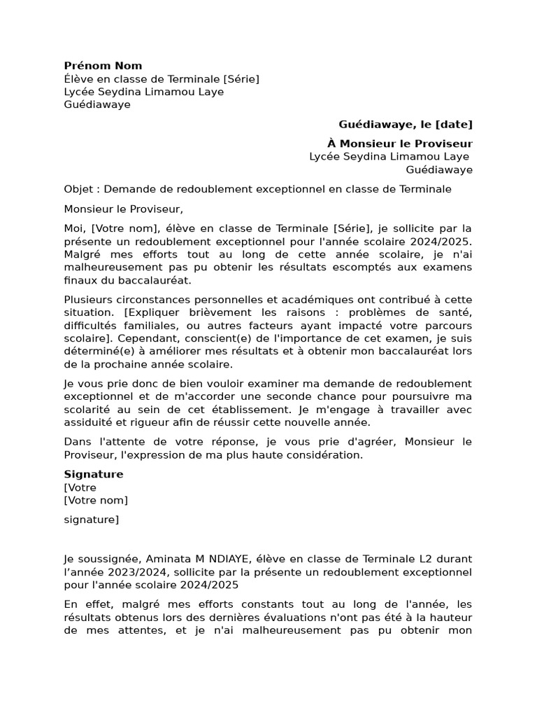 Demande de redoublement en Terminale | PDF