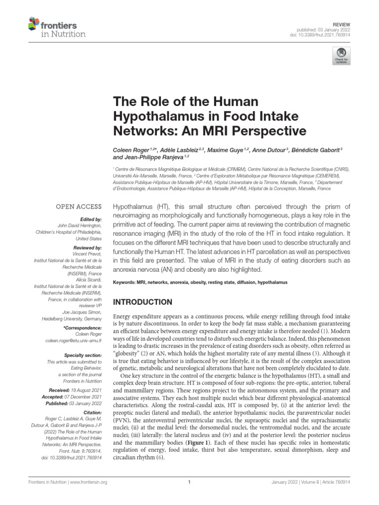 Hypothalamus Role in Food Intake Networks | PDF | Hypothalamus | Eating