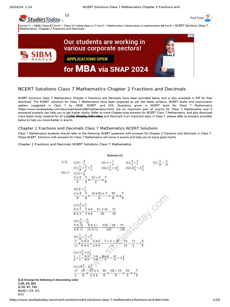 NCERT Solutions Class 7 Mathematics Chapter 2 Fractions and Decimals ...