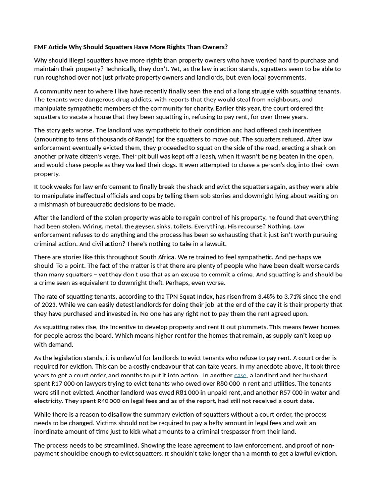 FMF Article Why Should Squatters Have More Rights Than Owners | PDF ...
