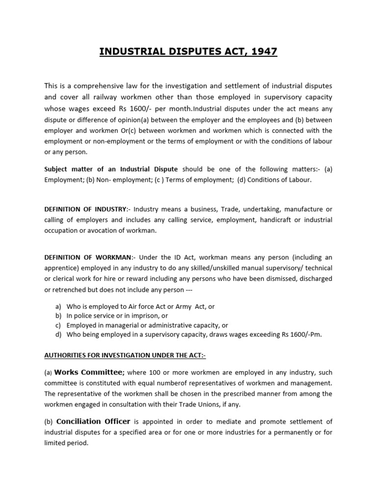Industrial Disputes Act Overview | PDF | Strike Action | Employment
