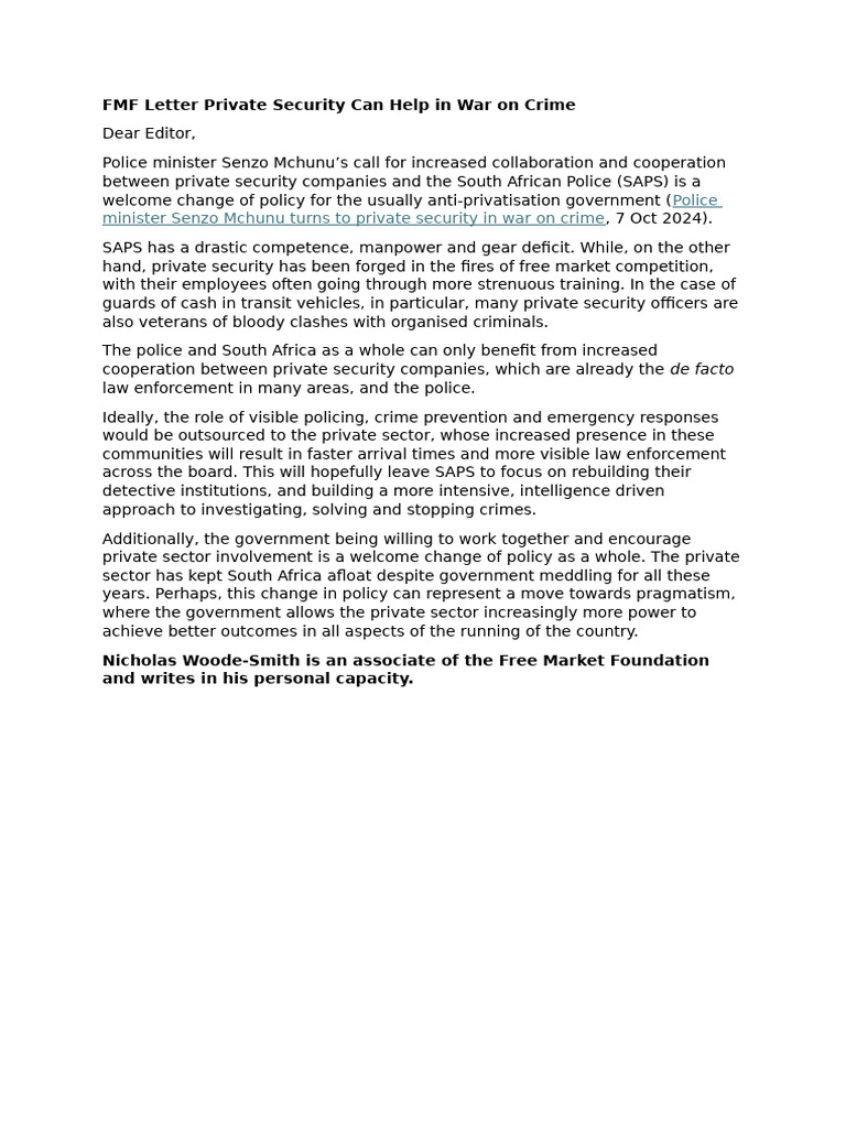 FMF Letter Private Security Can Help in War On Crime | PDF