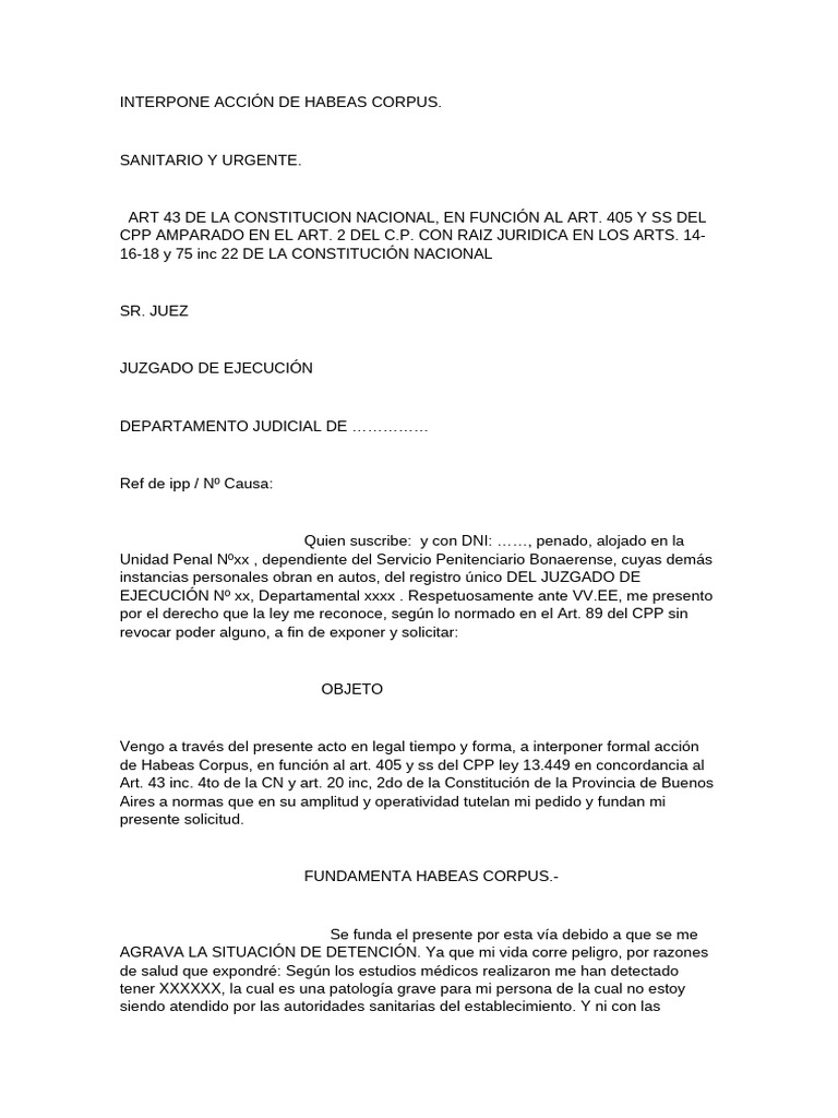Acción de Habeas Corpus Urgente por Salud | PDF | Habeas corpus ...