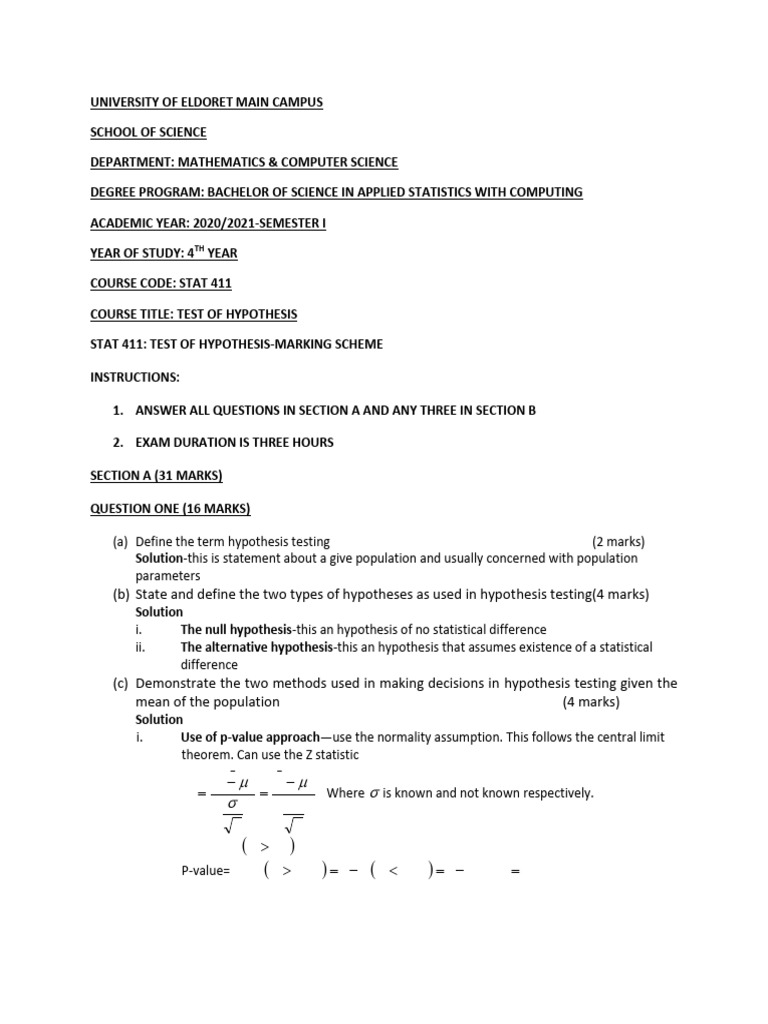 Stat 411 - Marking Scheme | PDF | P Value | Scientific Method