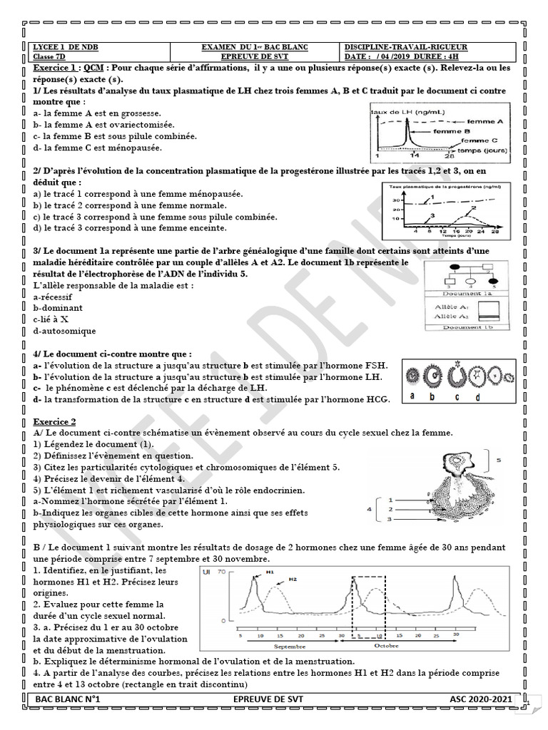 Examen SVT Bac Blanc 2021 - Lycée NDB | PDF | Dominance (Génétique ...
