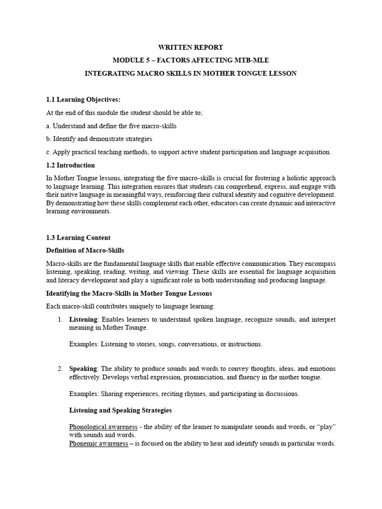 Integrating Macro Skills in MTB Lessons | PDF | Language Acquisition ...