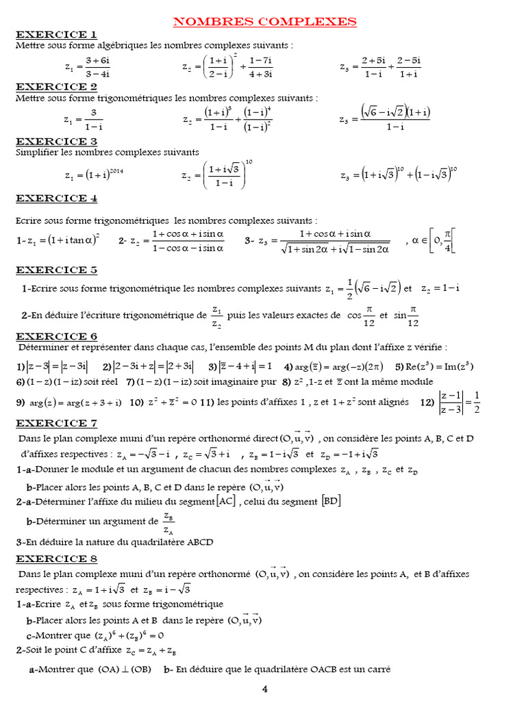 Exercices sur les Nombres Complexes | PDF | Nombre complexe | Géométrie