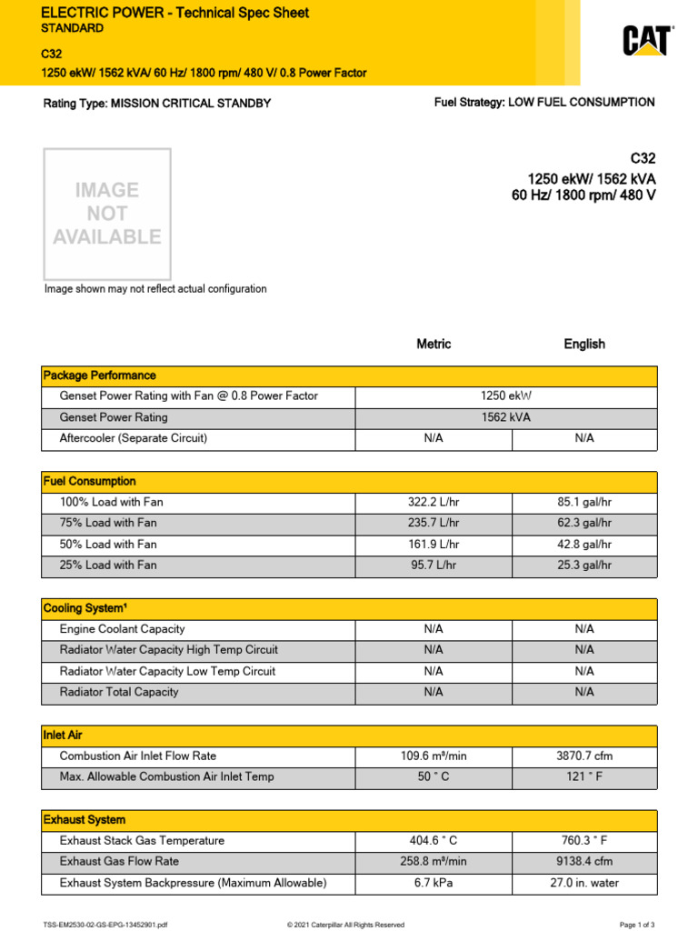 C32 Generator Spec Sheet: 1250 ekW | PDF | Engines | Mechanical Engineering