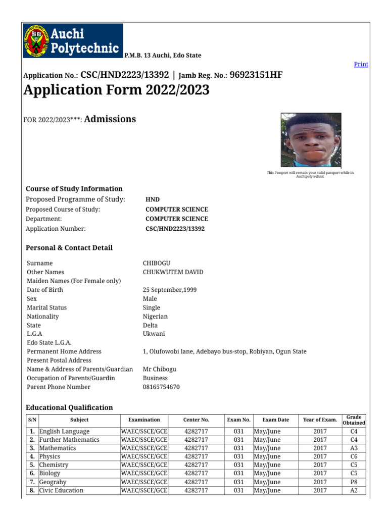 Auchi Polytechnic HND Admission Form | PDF | Qualifications ...