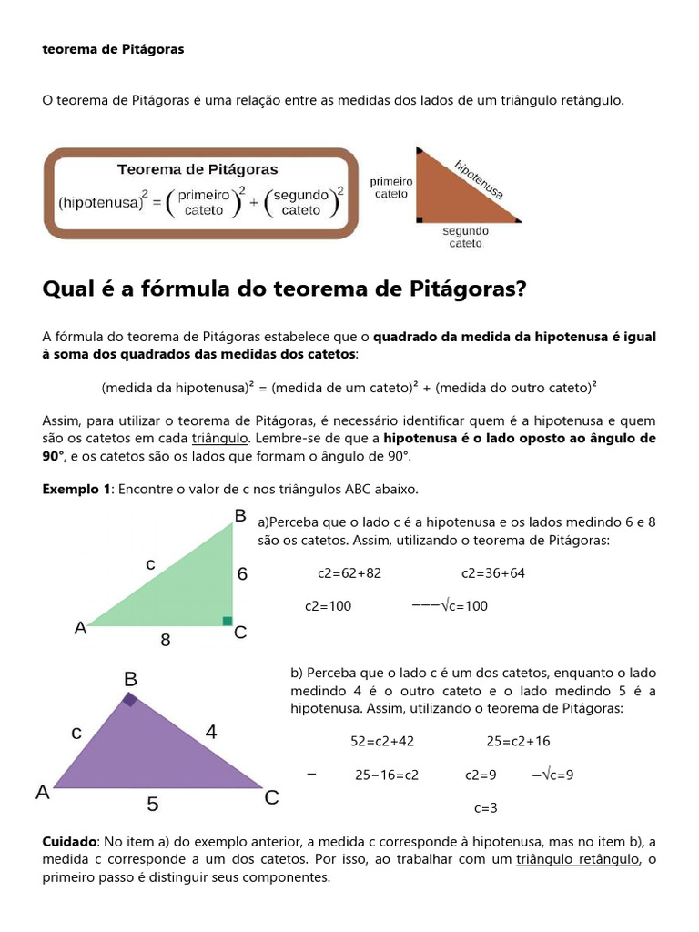 Teorema de Pitágoras | PDF | Triângulo | Matemática elementar