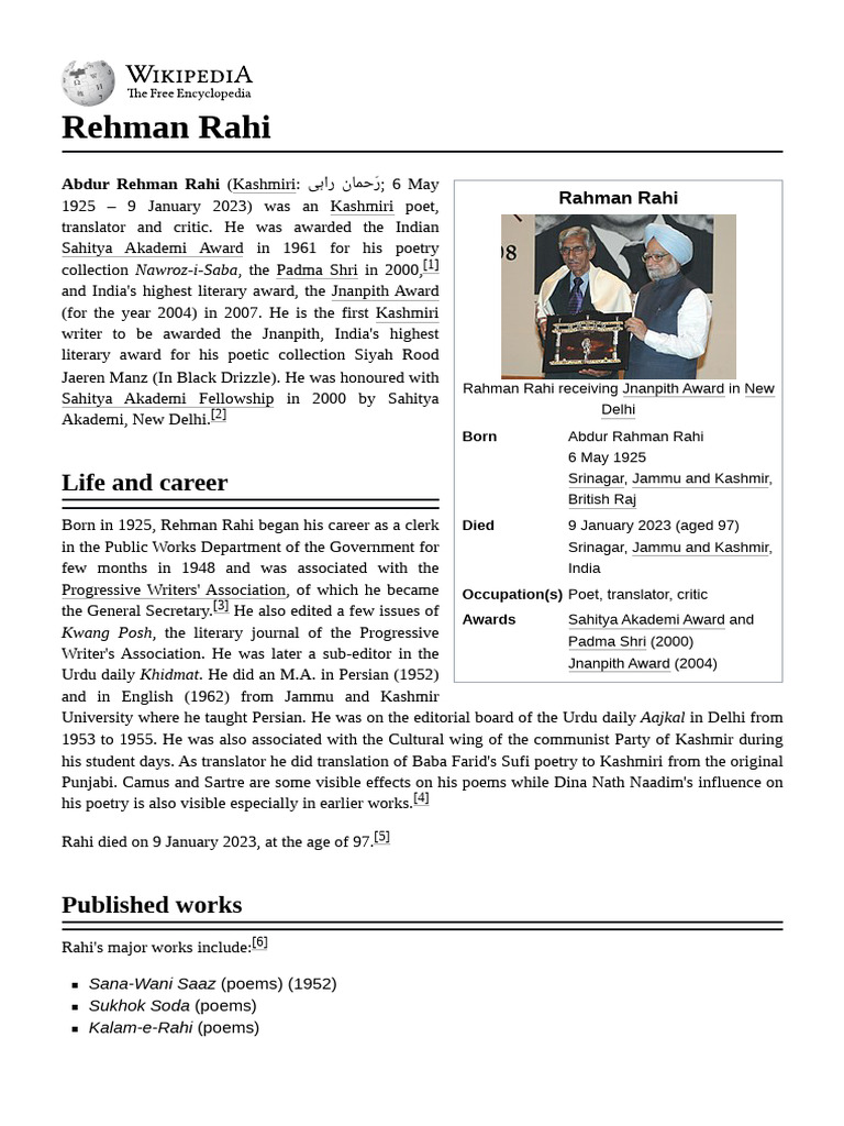 Abdur Rahman Rahi: Awards and Legacy | PDF | Kashmir | Indian Literature