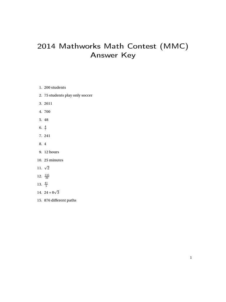2014 Mathworks Contest Answer Key | PDF