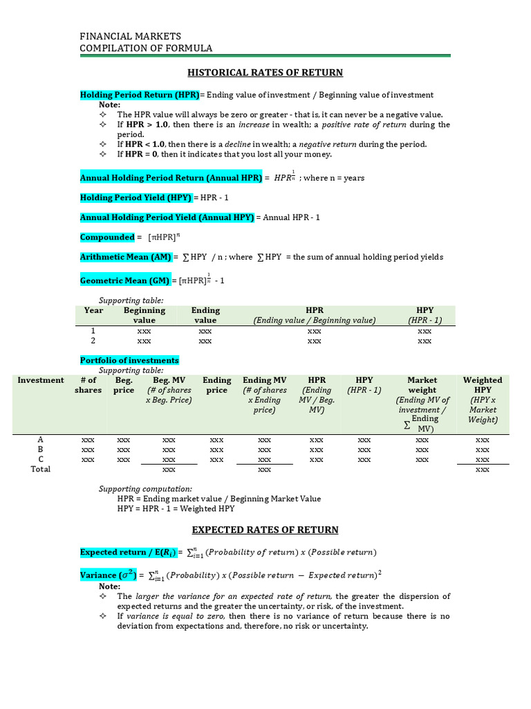 Financial Market Return Formulas Guide | PDF | Valuation (Finance ...
