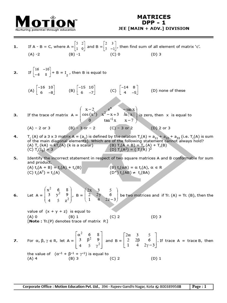JEE Matrices Practice Problems | PDF | Matrix (Mathematics) | Applied ...