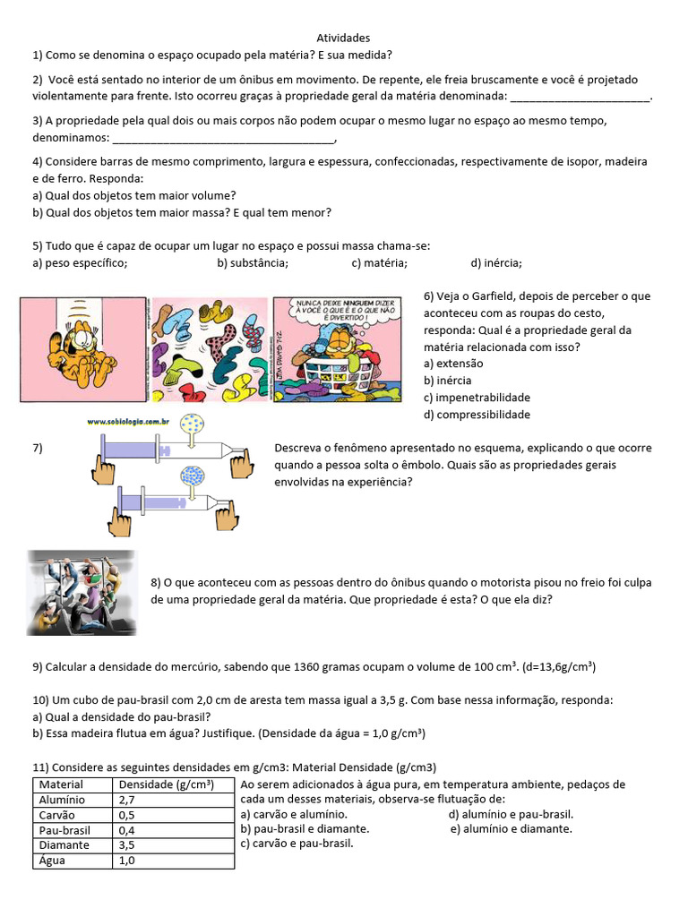 Atividades sobre Propriedades da Matéria | PDF | Matéria | Densidade
