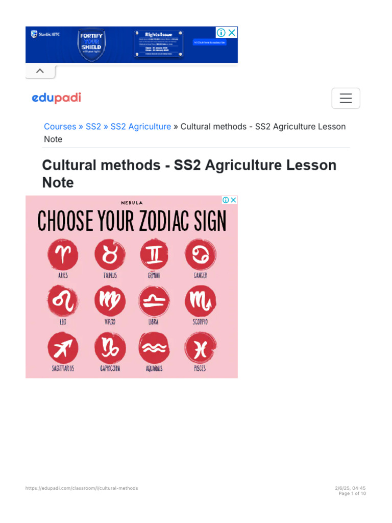 Cultural Methods SS2 Agriculture Lesson Note EduPadi Classroom PDF