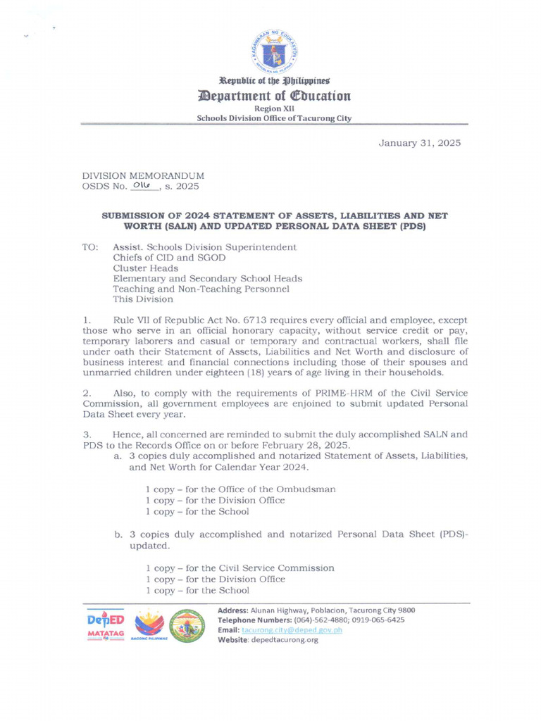 DM OSDS No. 016 S. 2025 Submission of 2024 Statement of Assets ...